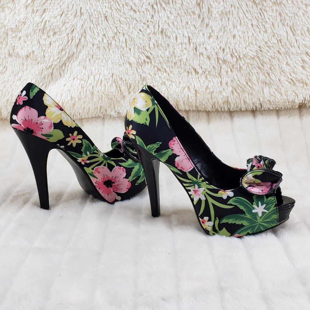 Tropical Floral Open Toe Ruffle Detail Platform Pumps Shoes - Picture 7 of 14